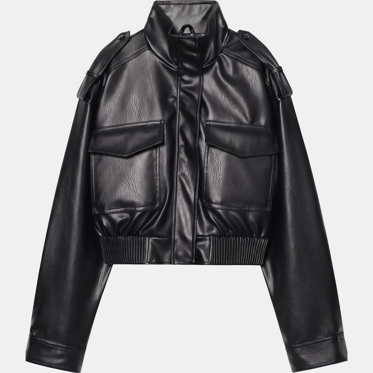 Women's Faux Leather Cropped Bomber Jacket with Cargo Pockets