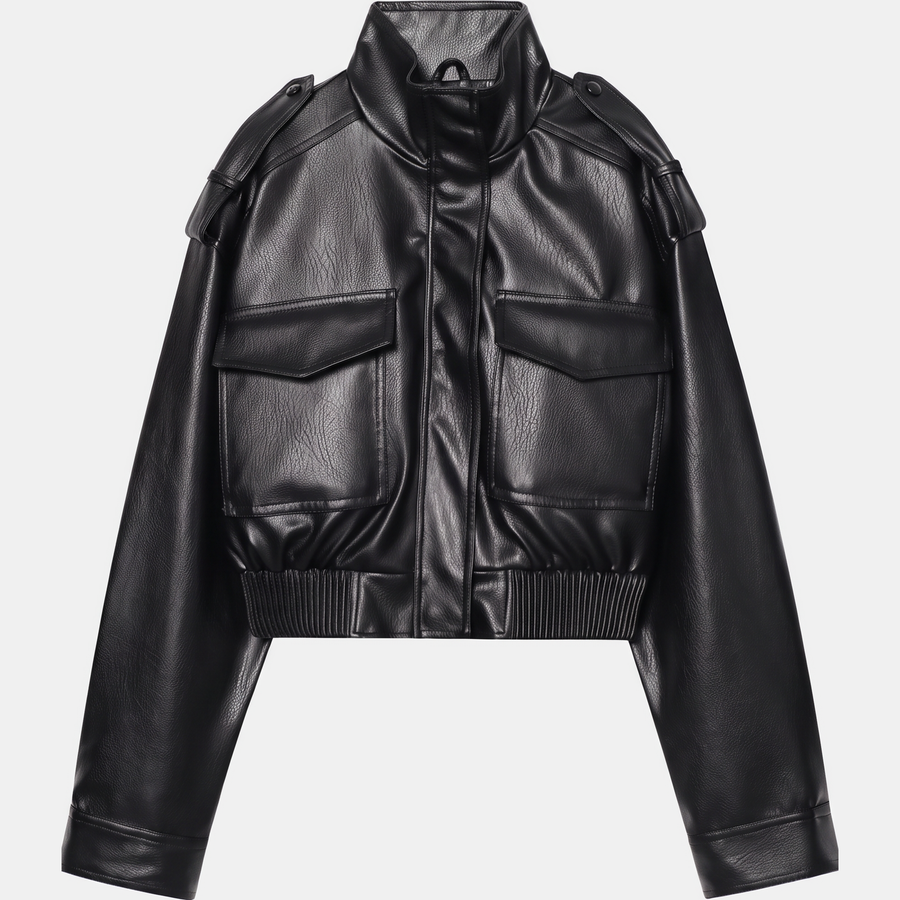 Women's Faux Leather Cropped Bomber Jacket with Cargo Pockets