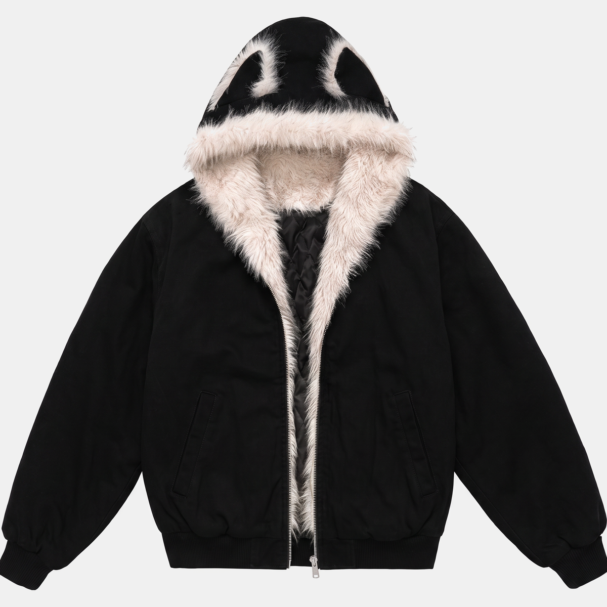 Women's Faux Fur Lined Hooded Bomber Jacket with Cat Ear Hood