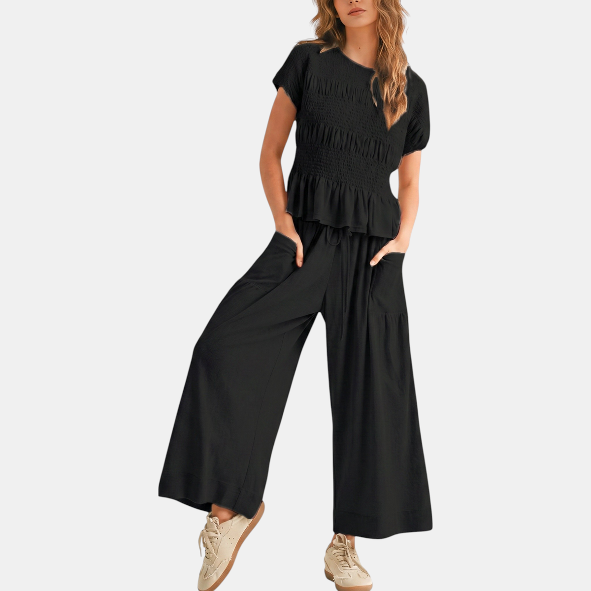 Women's Smocked Peplum Top and Wide Leg Lounge Set