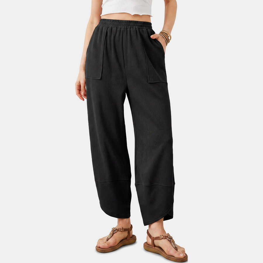Women's Wide Leg Ribbed Knit Cropped Trousers with Patch Pockets