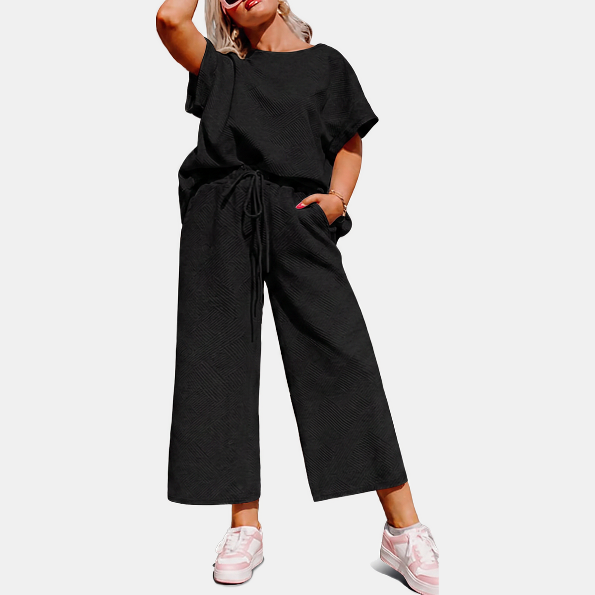 Women's Textured Drawstring Wide Leg Lounge Set