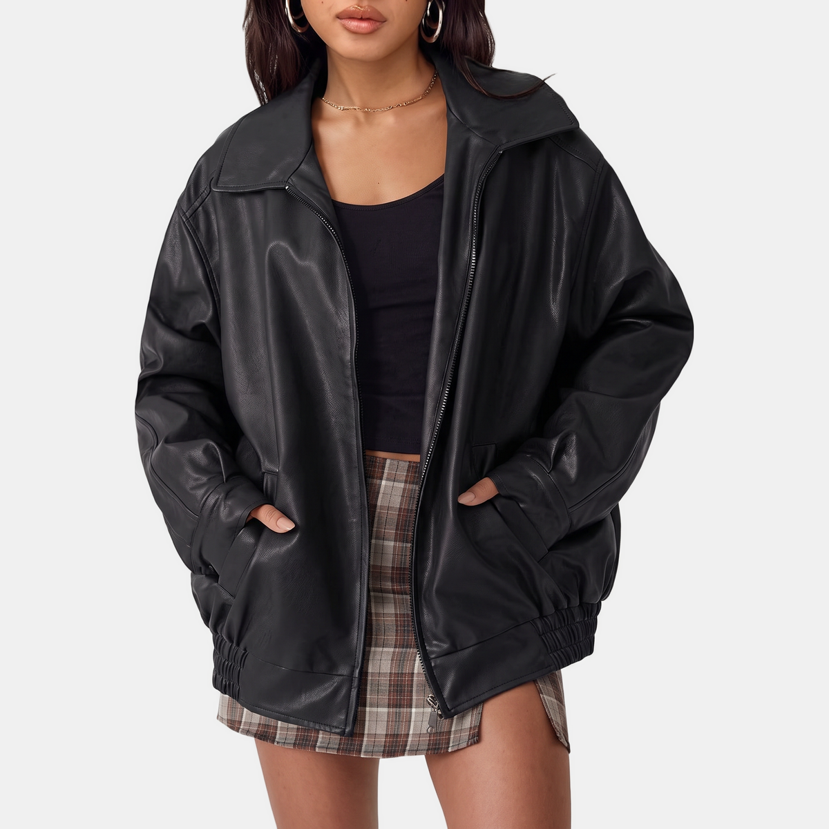 Women's Oversized Faux Leather Bomber Jacket with Zip Front