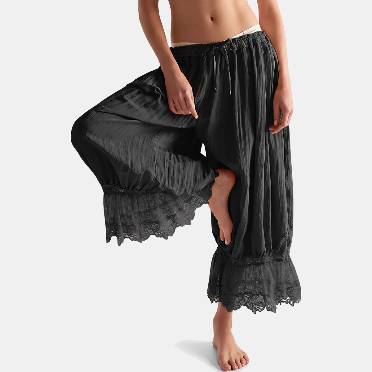 Women's Wide Leg Lace Trim Ruffle Hem Palazzo Pants