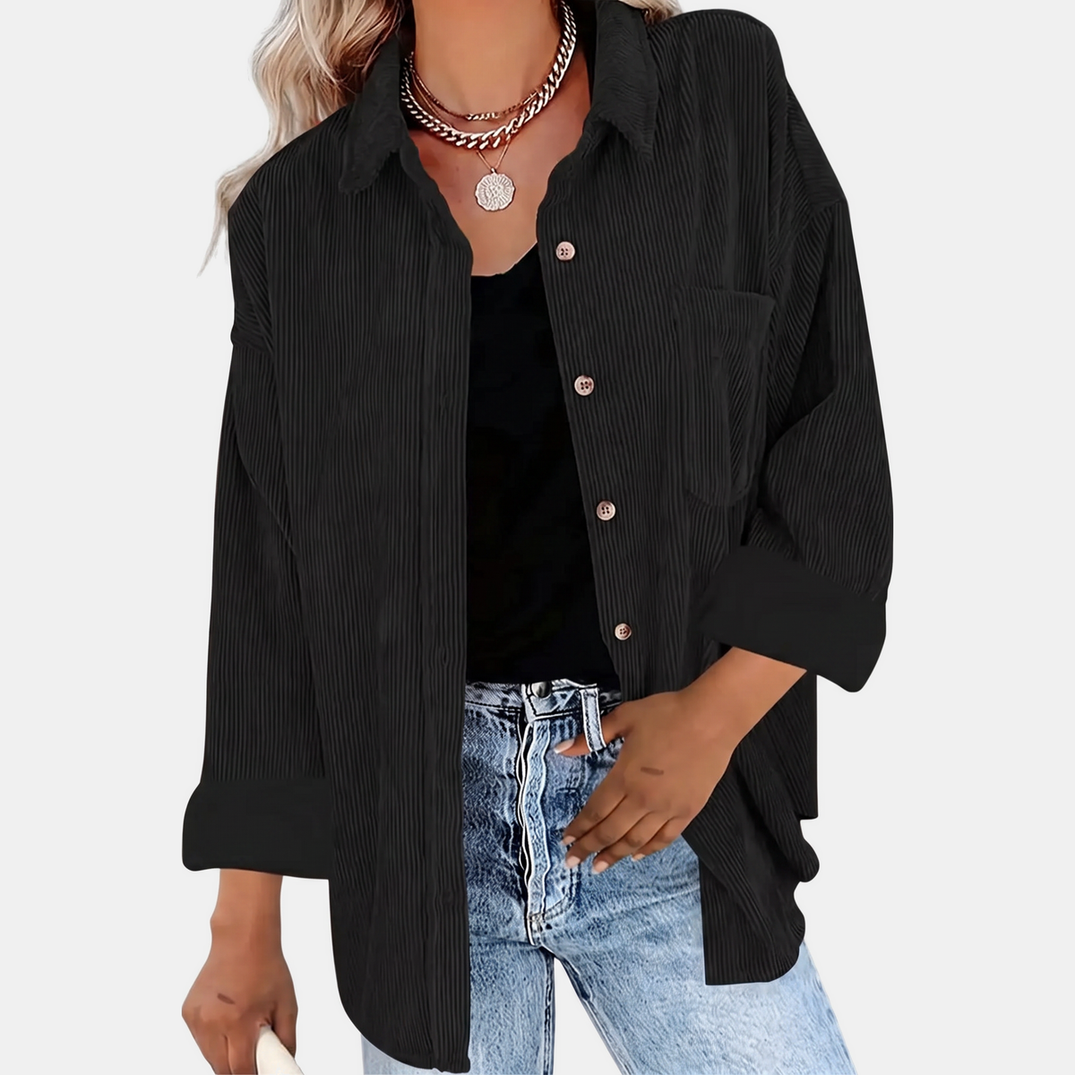 Women's Corduroy Button Front Oversized Long Sleeve Shacket