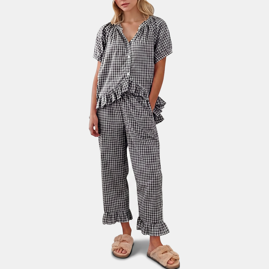 Women's Ruffle Trim Pajama Sets Short Sleeve Button Front Two Piece