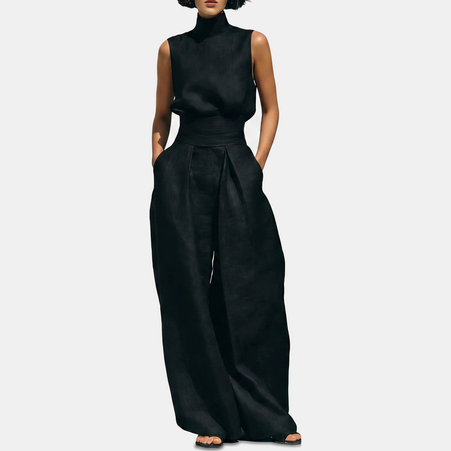 Women's Sleeveless Turtleneck Linen Wide Leg Trouser Co-ord Set