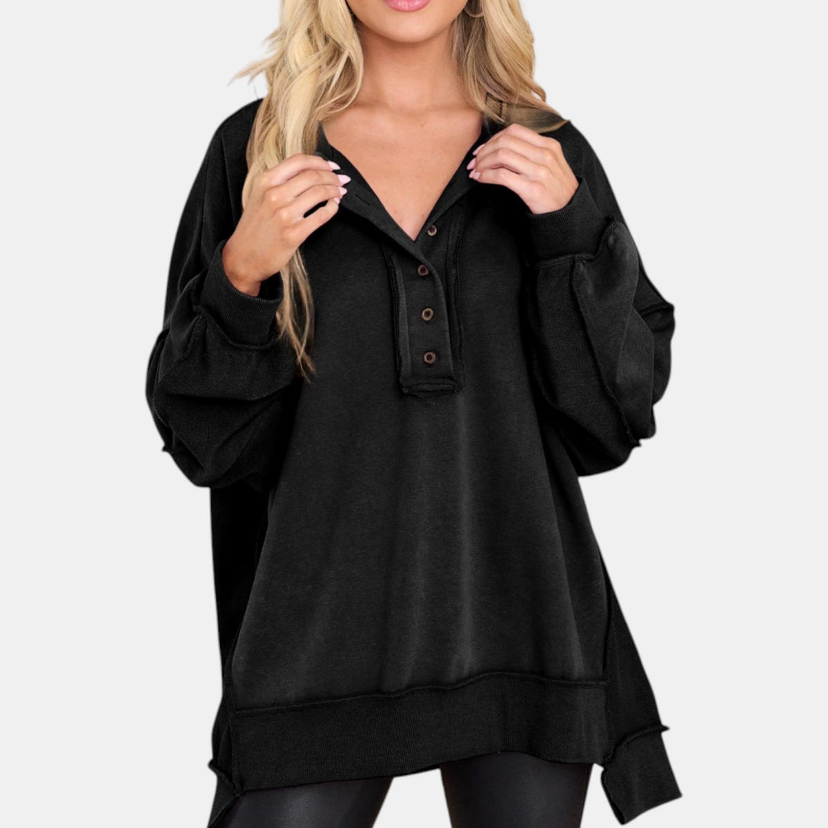 Women's Oversized Hoodie Button Placket Balloon Sleeve Sweatshirt
