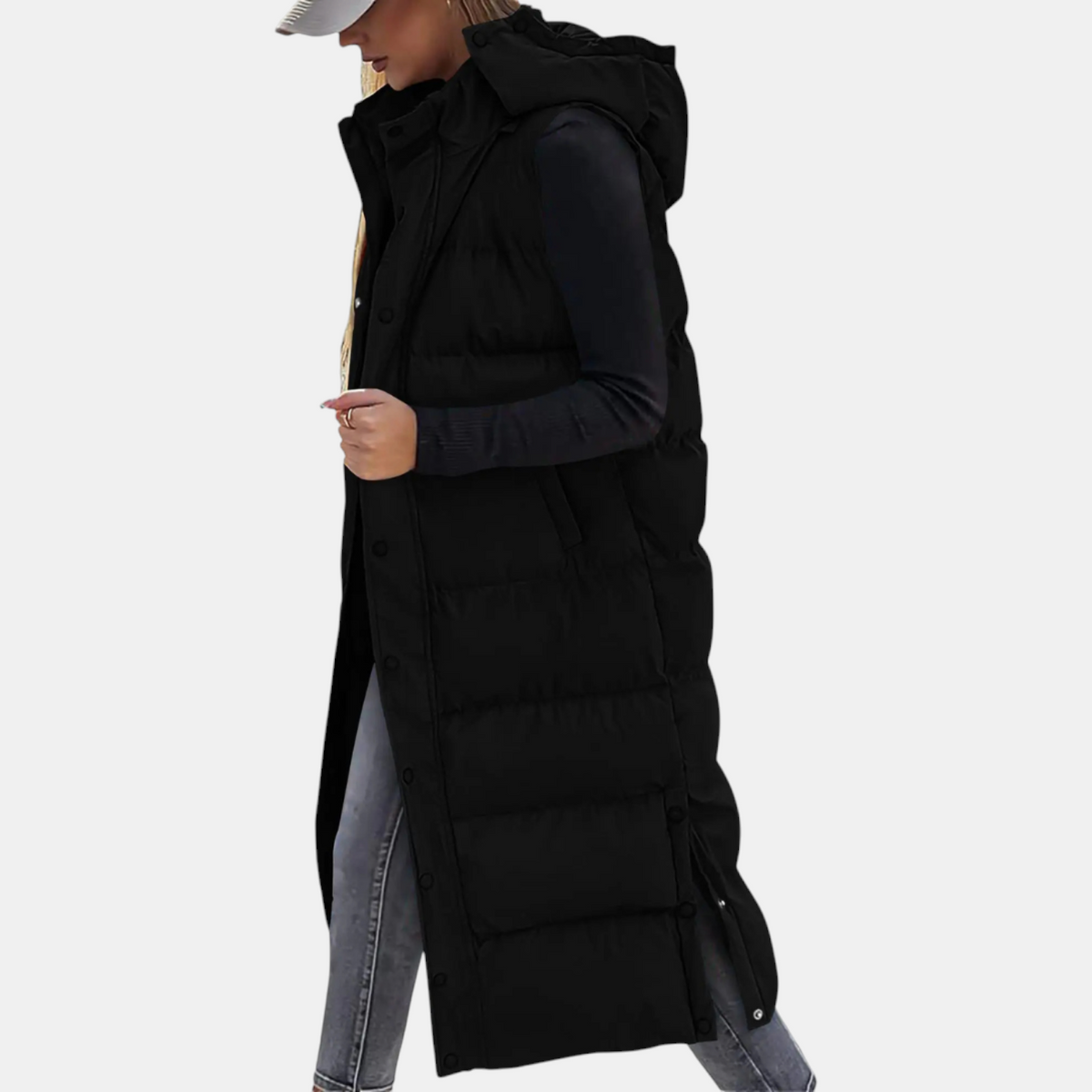 Laura - Women's Puffer Vest Quilted Hooded Maxi Length Button Down