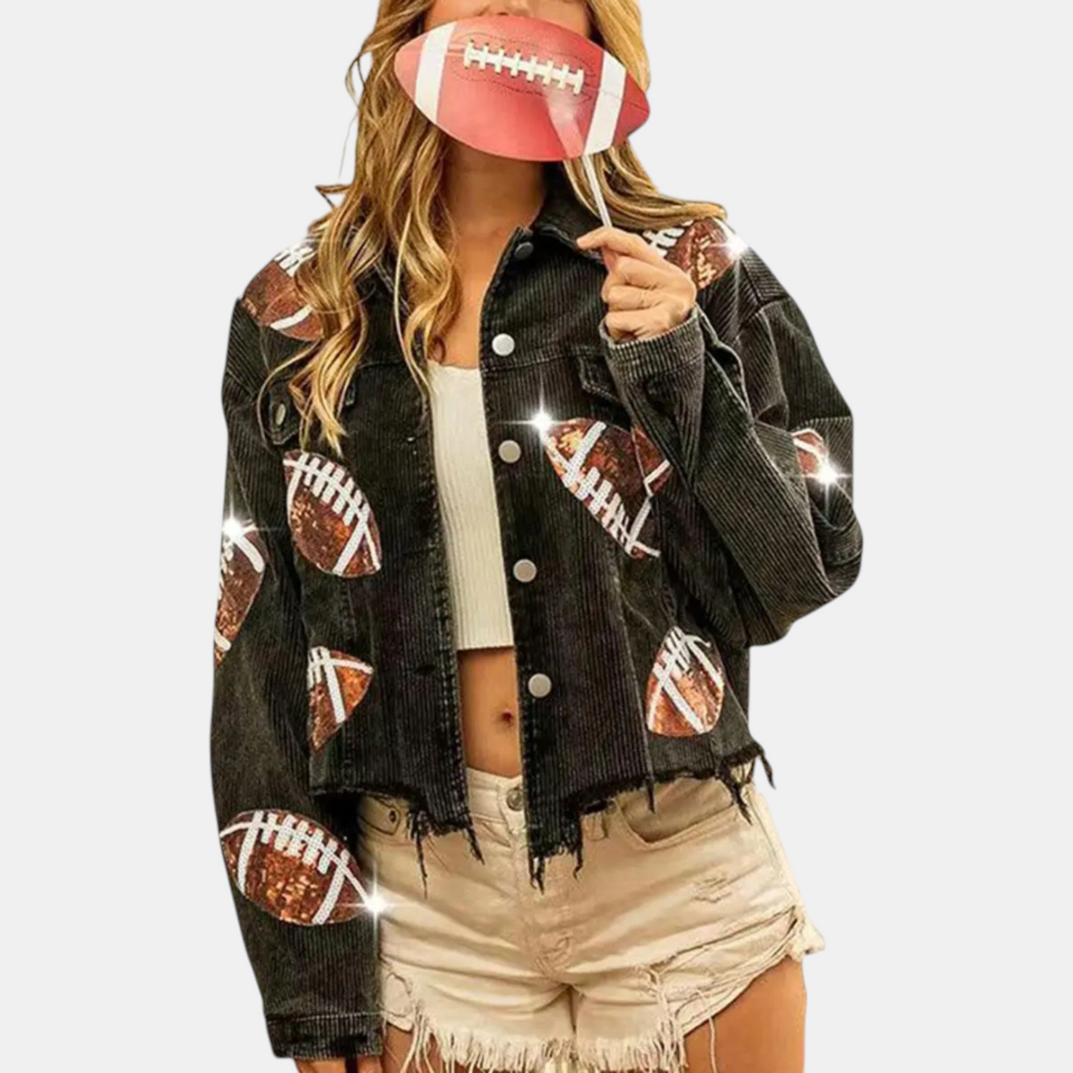Women's Sequin Football Patch Cropped Corduroy Jacket