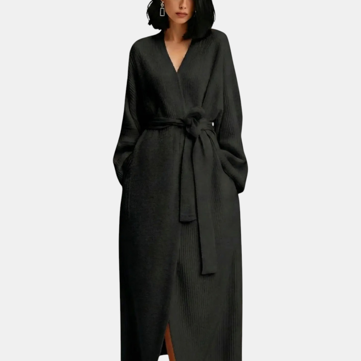 Women's Ribbed Knit Wrap Robe with Self Tie Belt Maxi