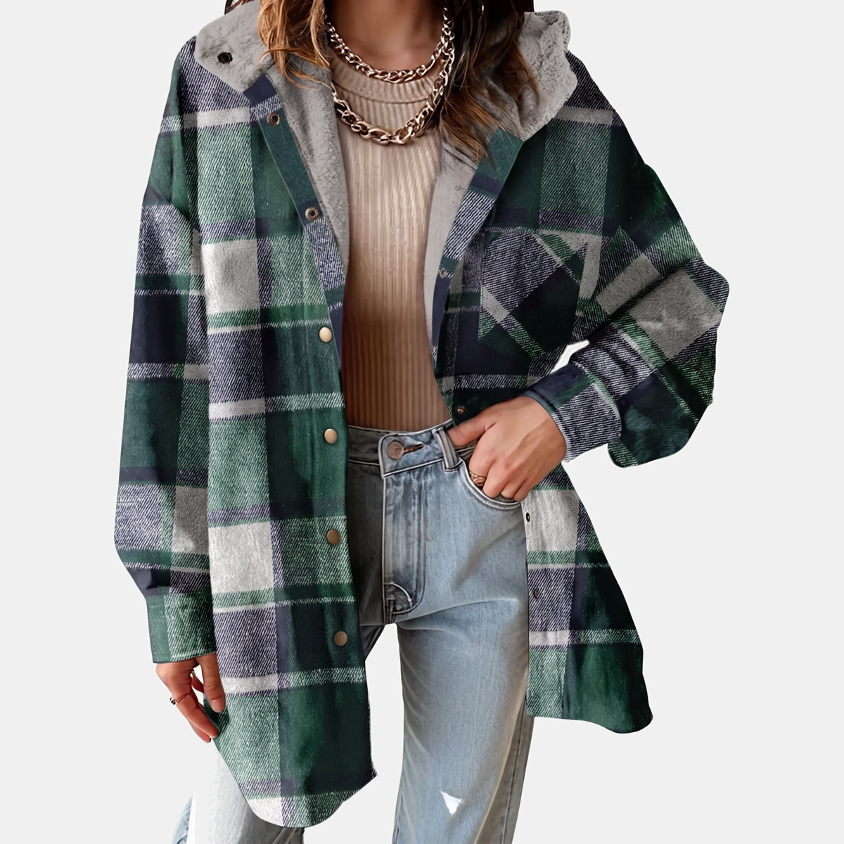 Women's Flannel Hooded Plaid Shacket Fleece Lined Coat