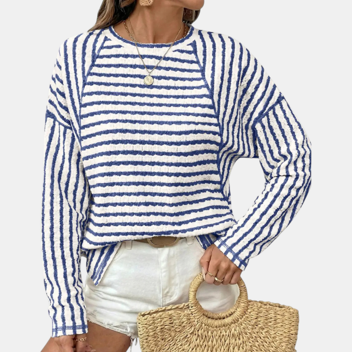 Women's Striped Crewneck Relaxed Raglan Pullover Sweatshirt