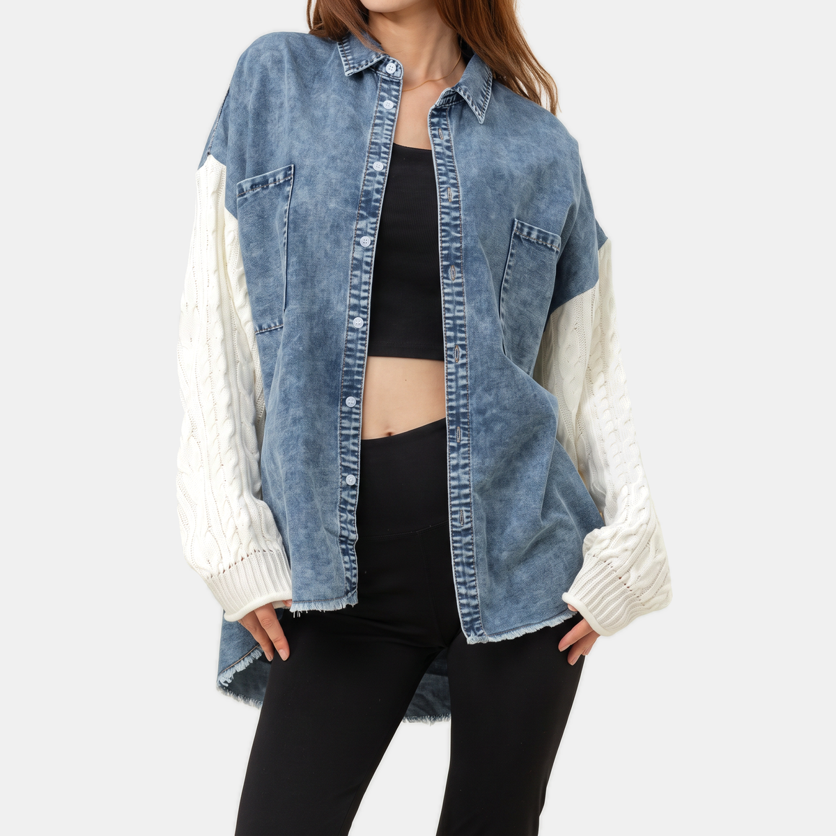 Women's Cable Knit Sleeve Denim Jacket Button Front Shacket