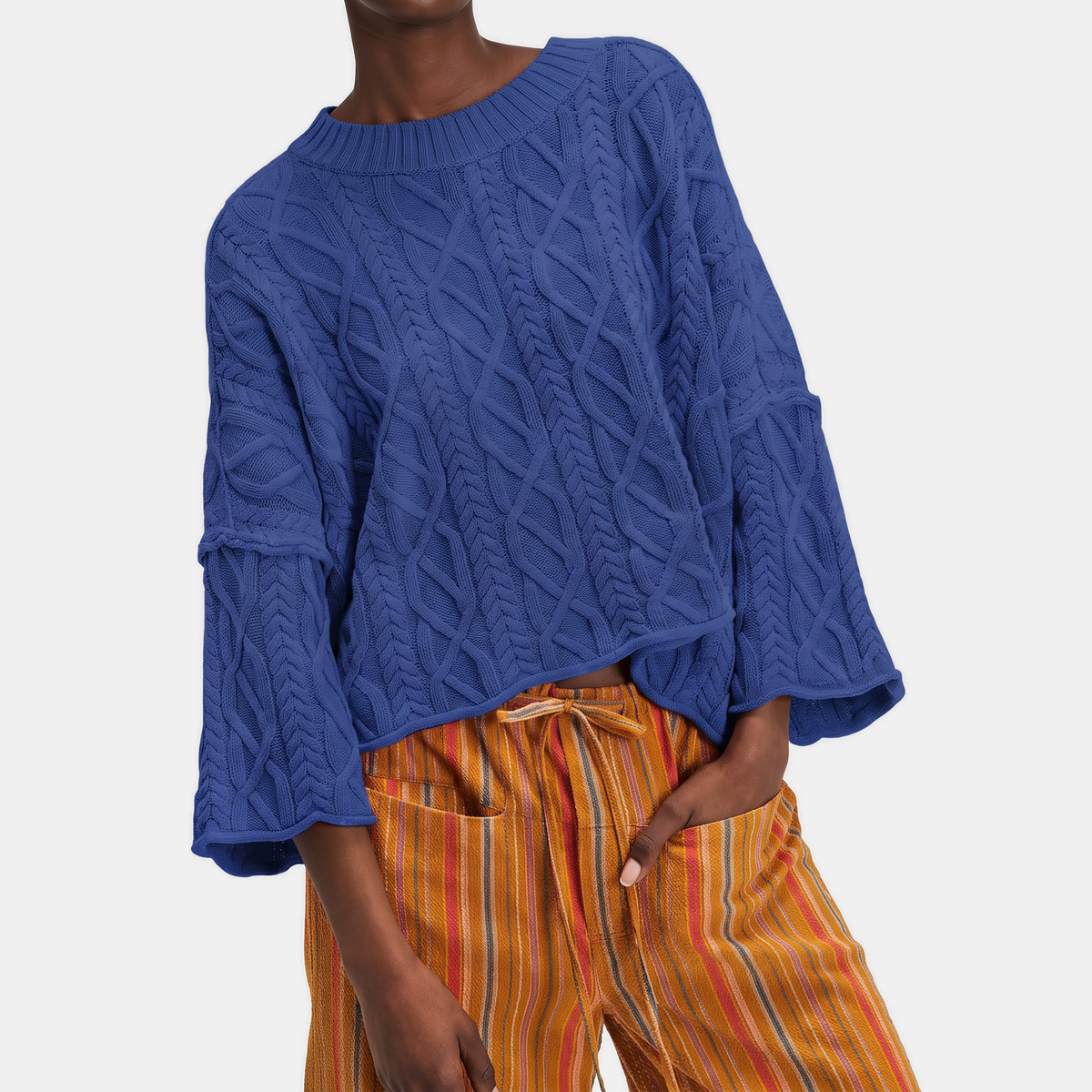 Women's Cable Knit Cropped Sweater Bell Sleeve Pullover