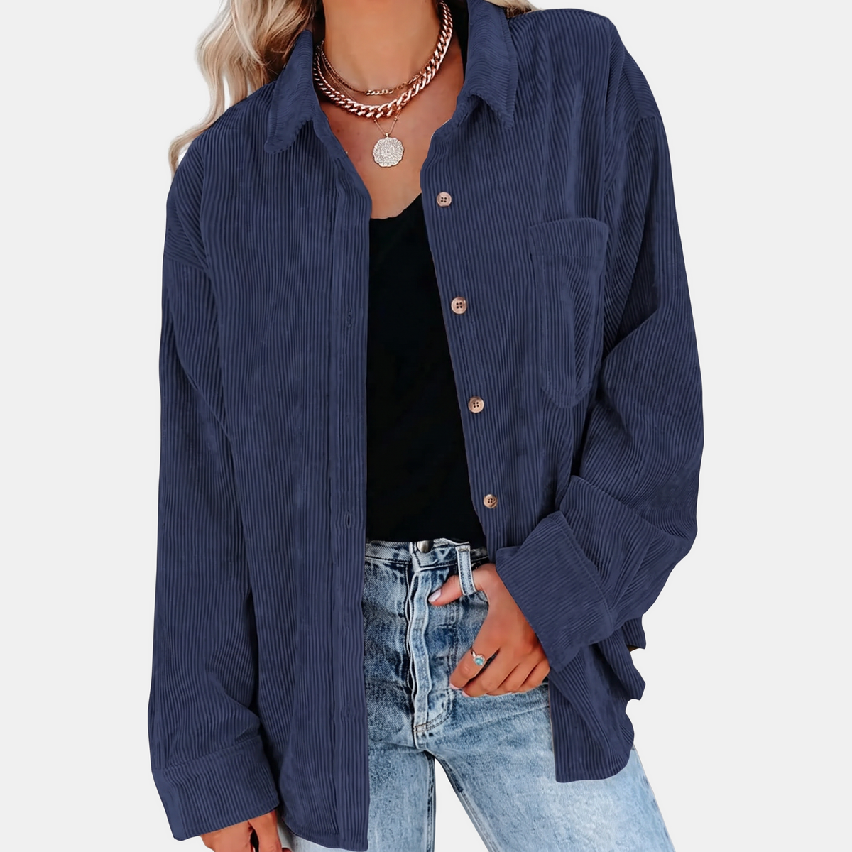 Women's Corduroy Button Front Oversized Long Sleeve Shacket