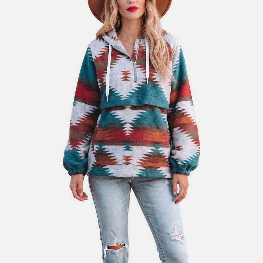 Women's Oversized Quarter Zip Hoodie with Geometric Print
