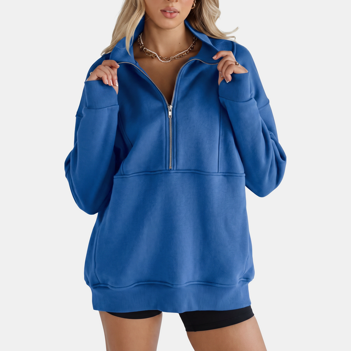 Women's Oversized Half Zip Fleece Sweatshirt with Ribbed Elbow Panels
