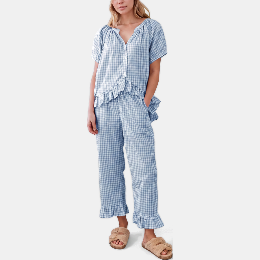 Women's Ruffle Trim Pajama Sets Short Sleeve Button Front Two Piece