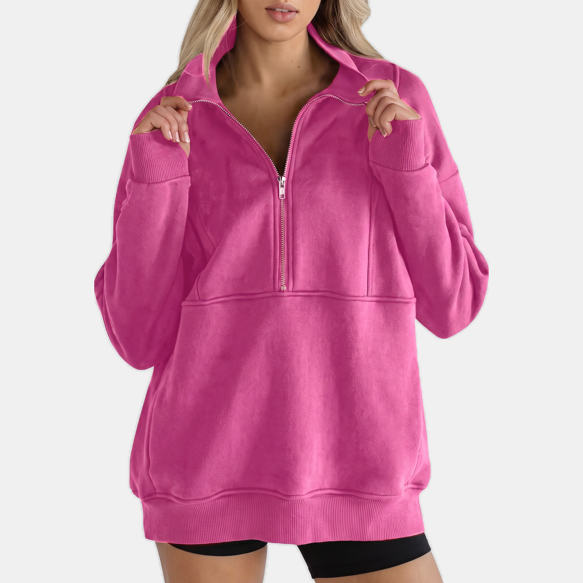 Women's Oversized Half Zip Fleece Sweatshirt with Ribbed Elbow Panels