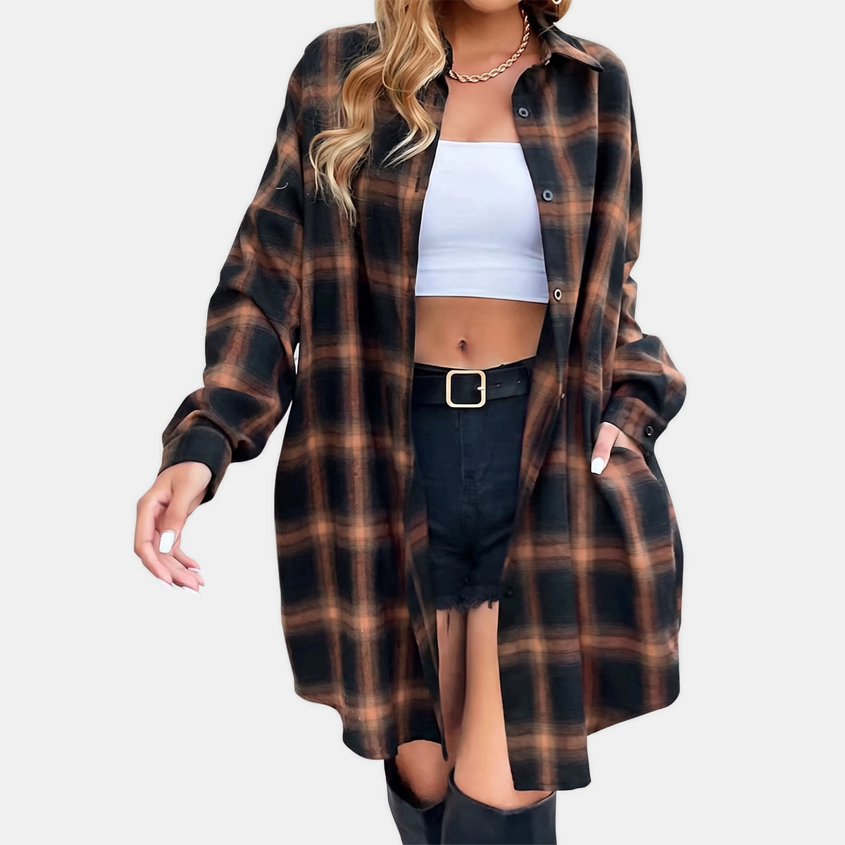 Women's Flannel Button Front Longline Plaid Shirt