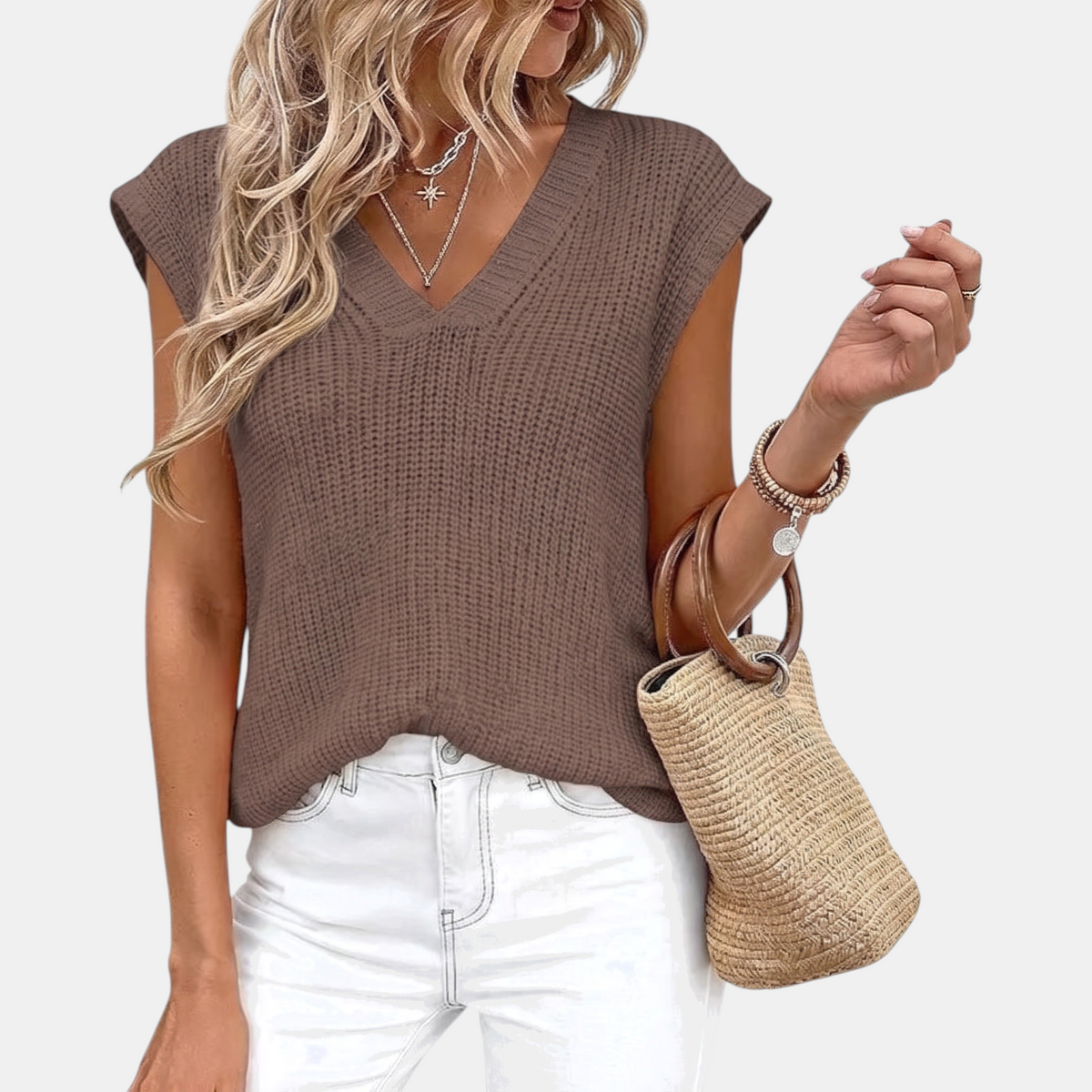Women's Sweater Vest Chunky Ribbed Knit V-Neck Sleeveless Top