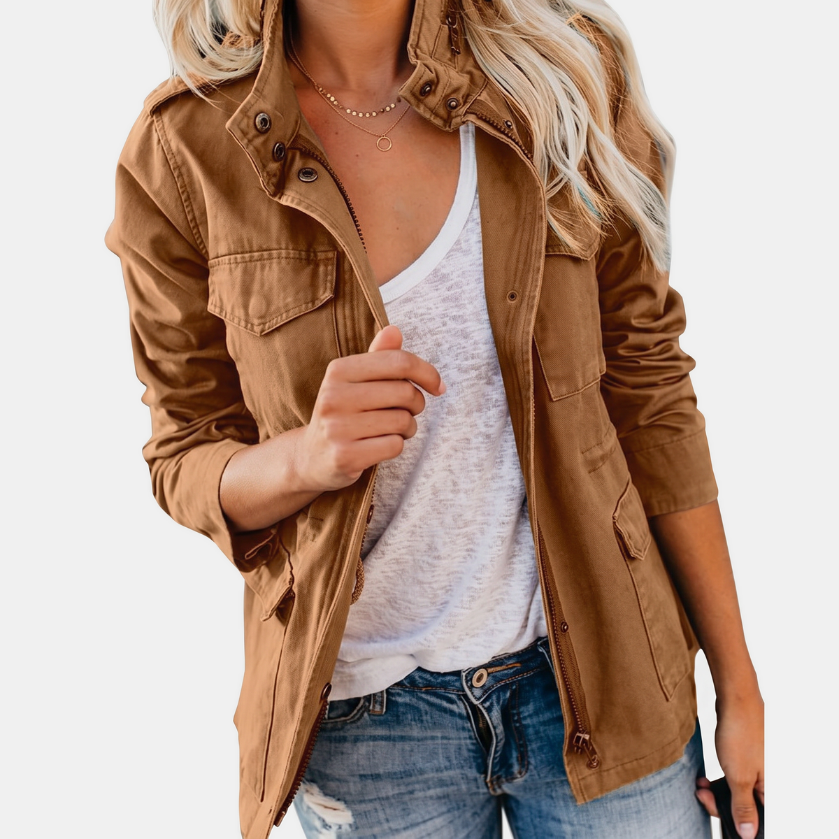 Women's Utility Field Jacket Snap Button Placket Drawstring Waist