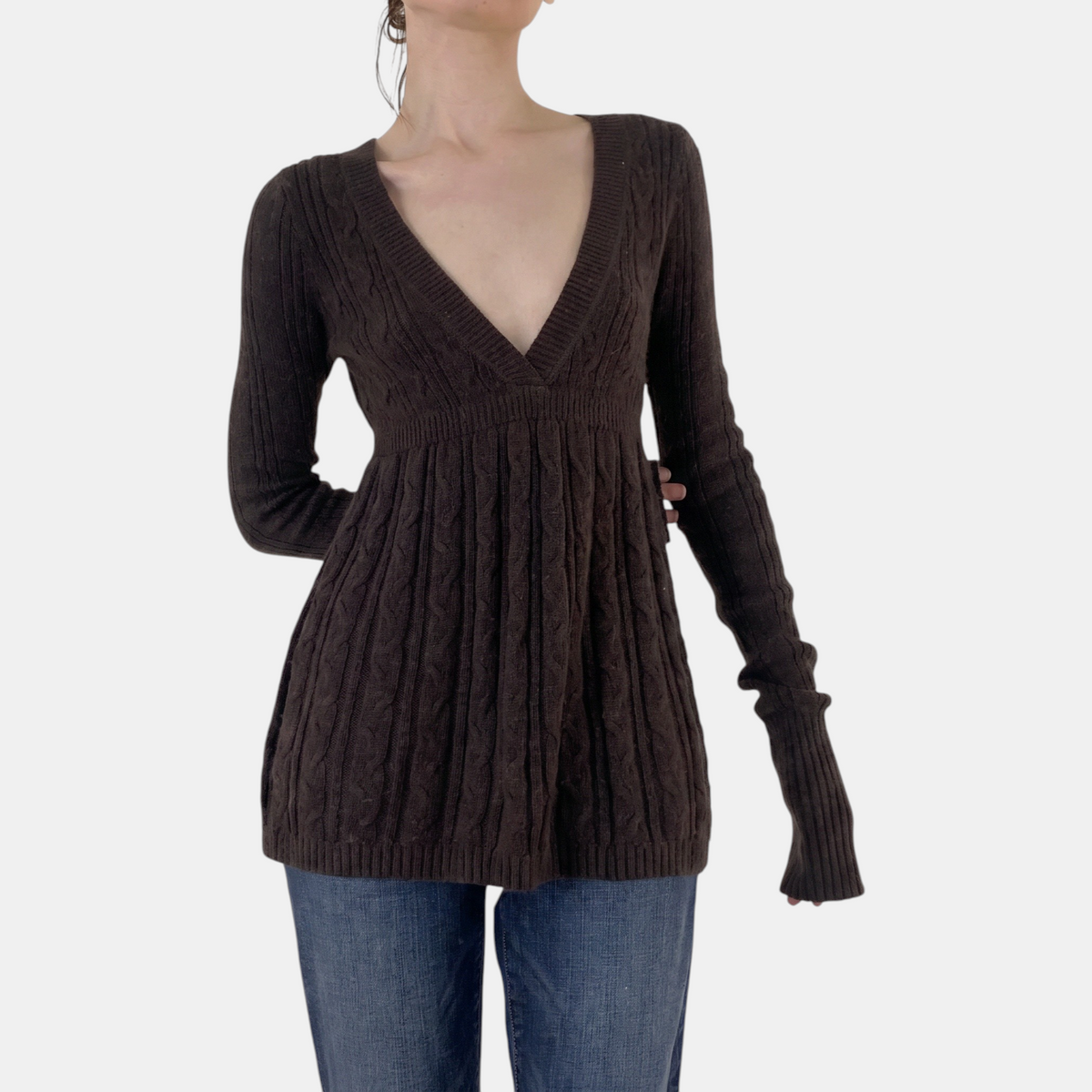 Women's Cable Knit Sweater Empire Waist A Line Flared Midi