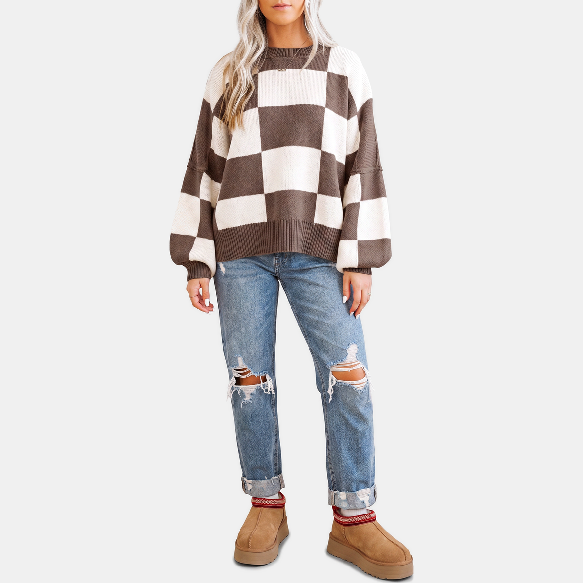 Women's Oversized Balloon Sleeve Checkered Knit Sweater