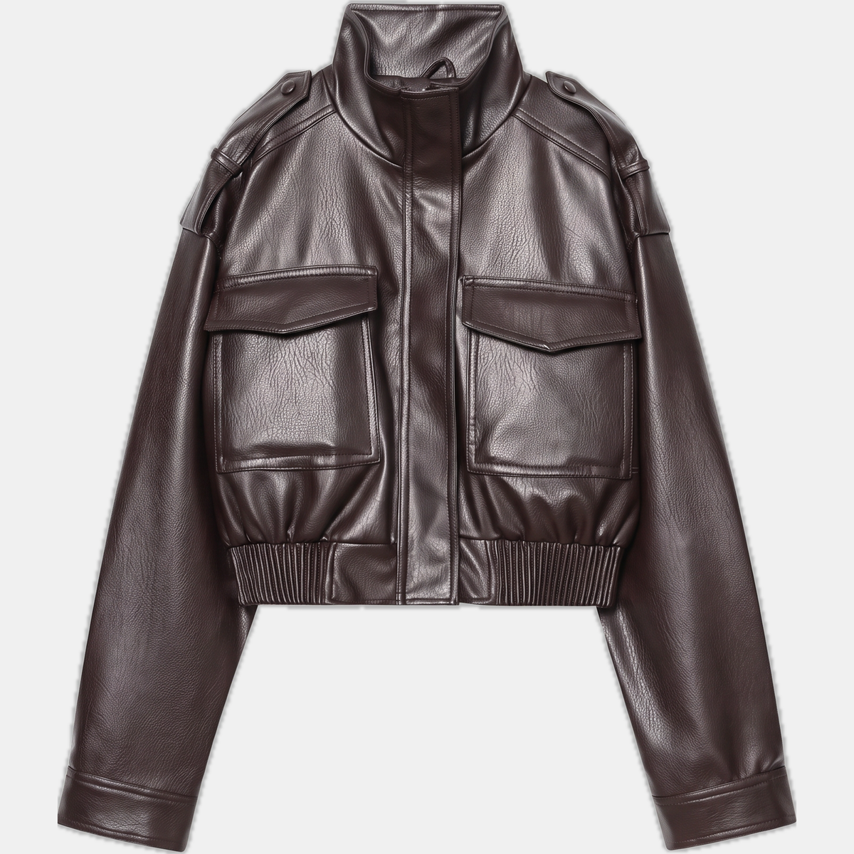 Women's Faux Leather Cropped Bomber Jacket with Cargo Pockets