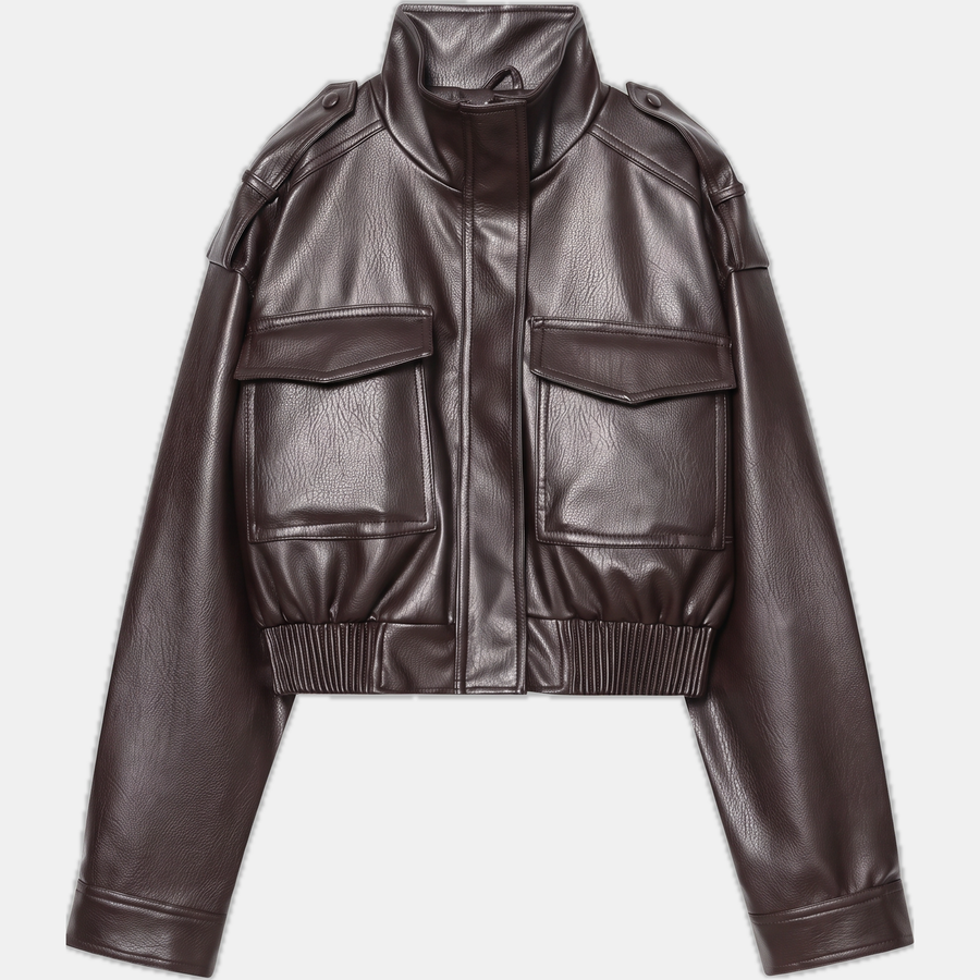 Women's Faux Leather Cropped Bomber Jacket with Cargo Pockets