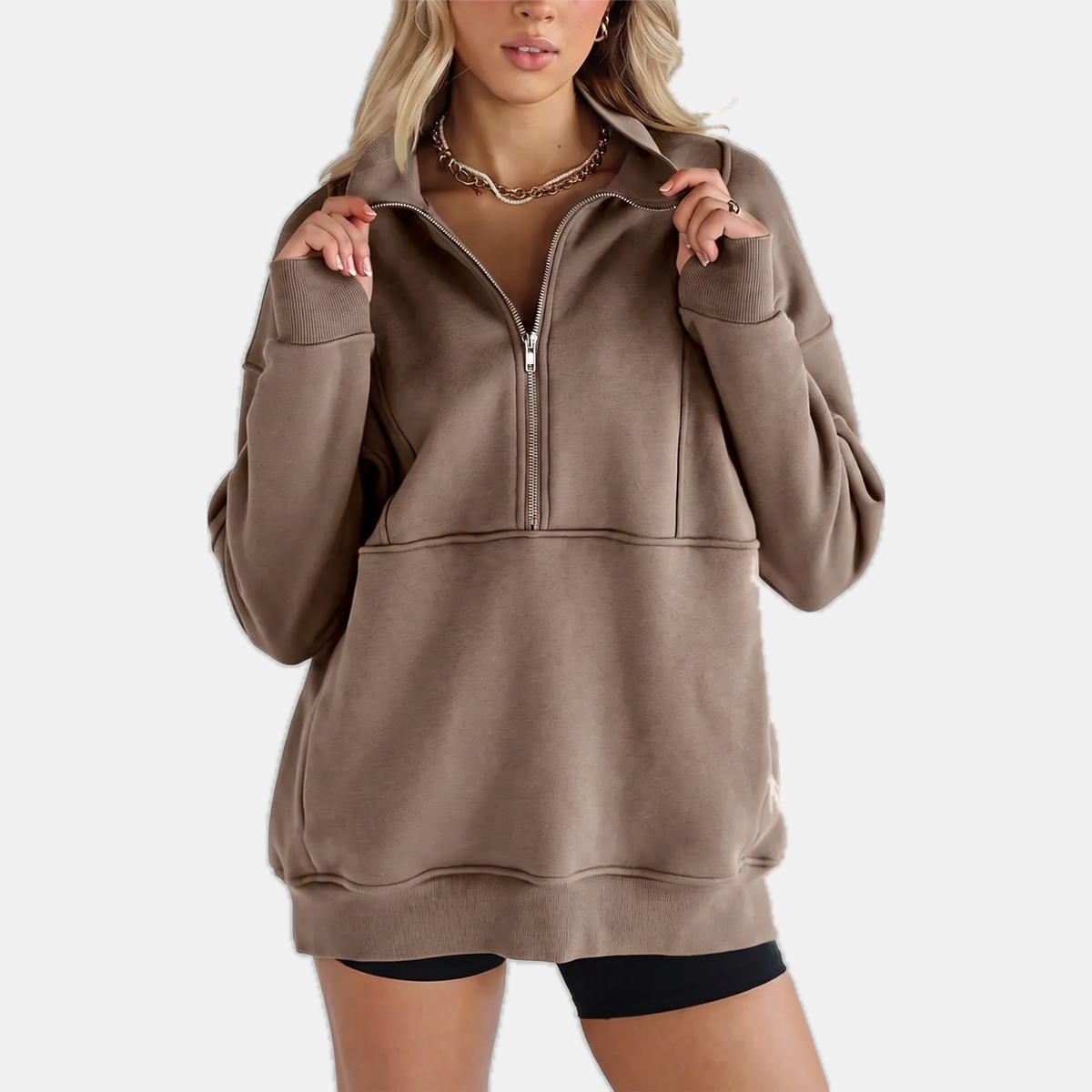 Women's Oversized Half Zip Fleece Sweatshirt with Ribbed Elbow Panels