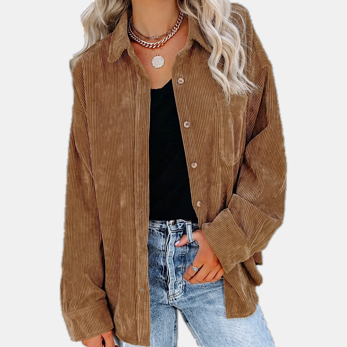 Women's Corduroy Button Front Oversized Long Sleeve Shacket