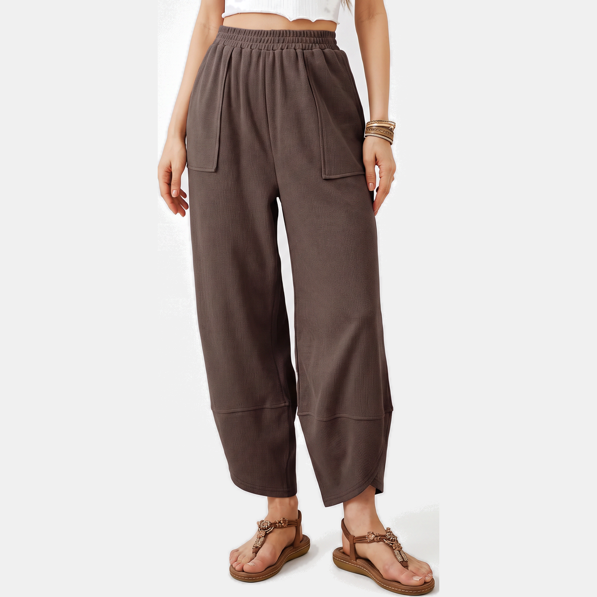 Women's Wide Leg Ribbed Knit Cropped Trousers with Patch Pockets