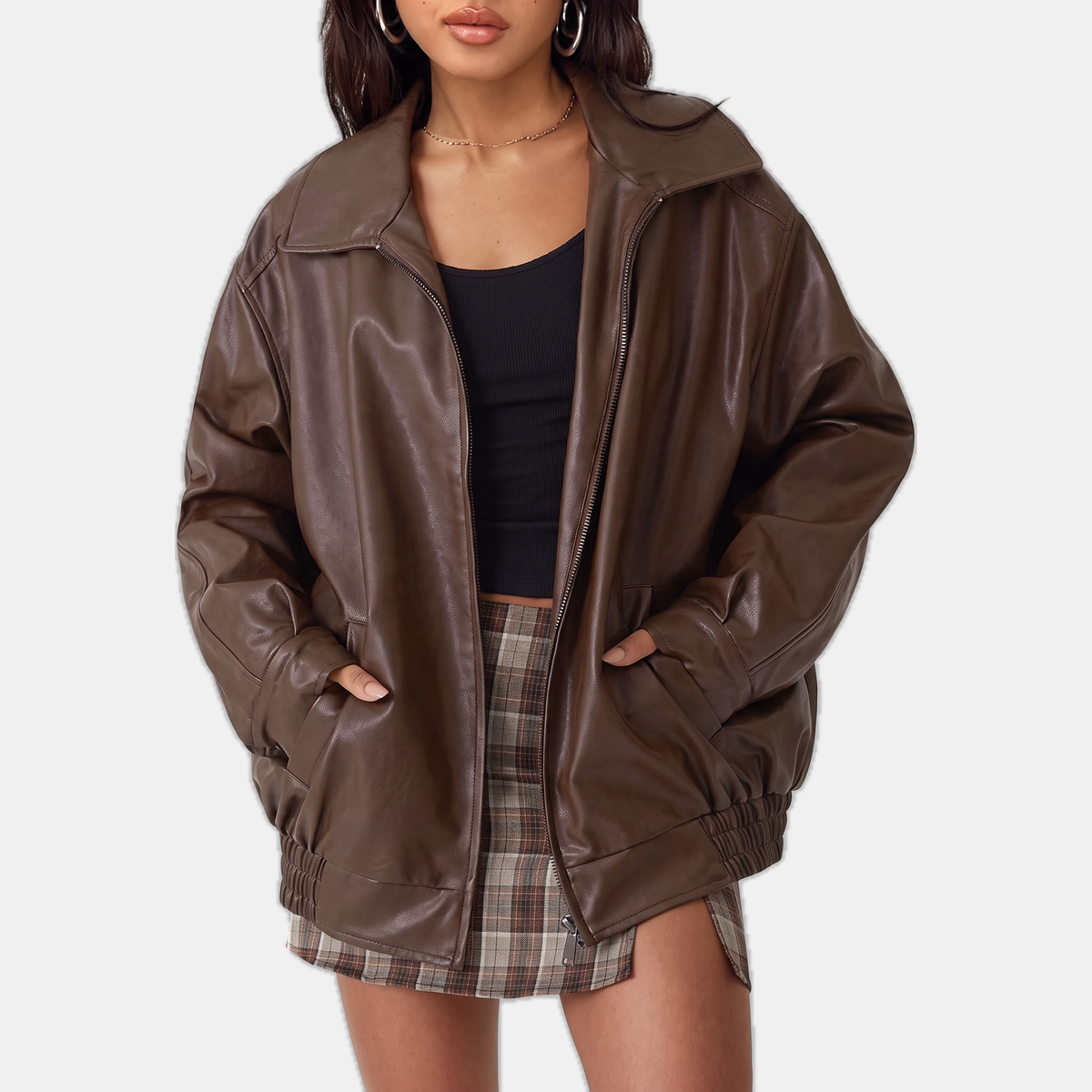 Women's Oversized Faux Leather Bomber Jacket with Zip Front