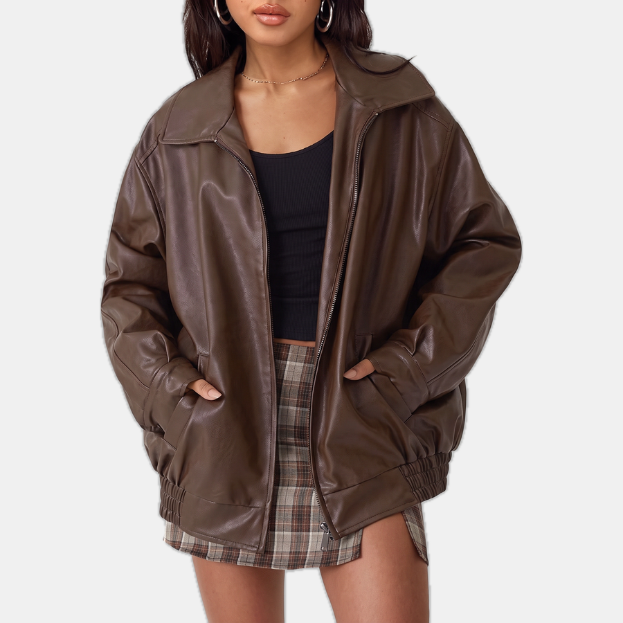 Women's Oversized Faux Leather Bomber Jacket with Zip Front