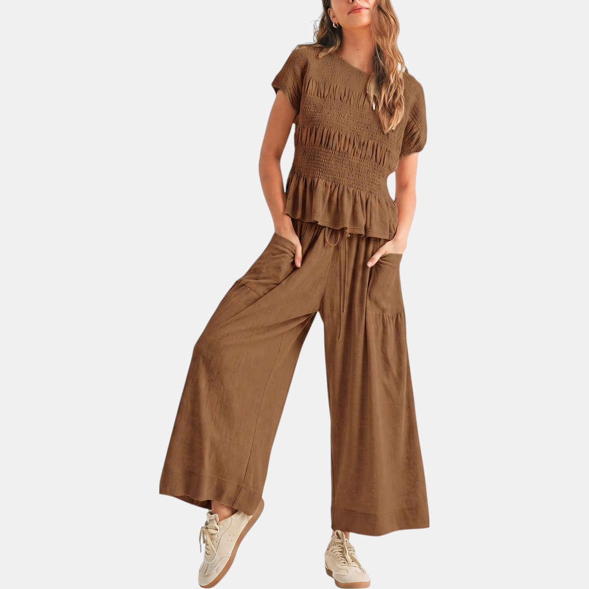 Women's Smocked Peplum Top and Wide Leg Lounge Set