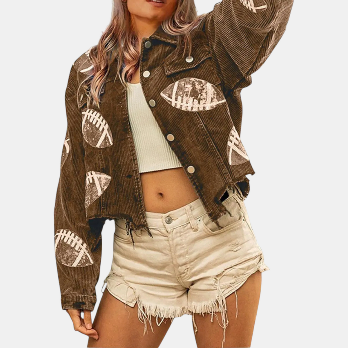 Women's Sequin Football Patch Cropped Corduroy Jacket