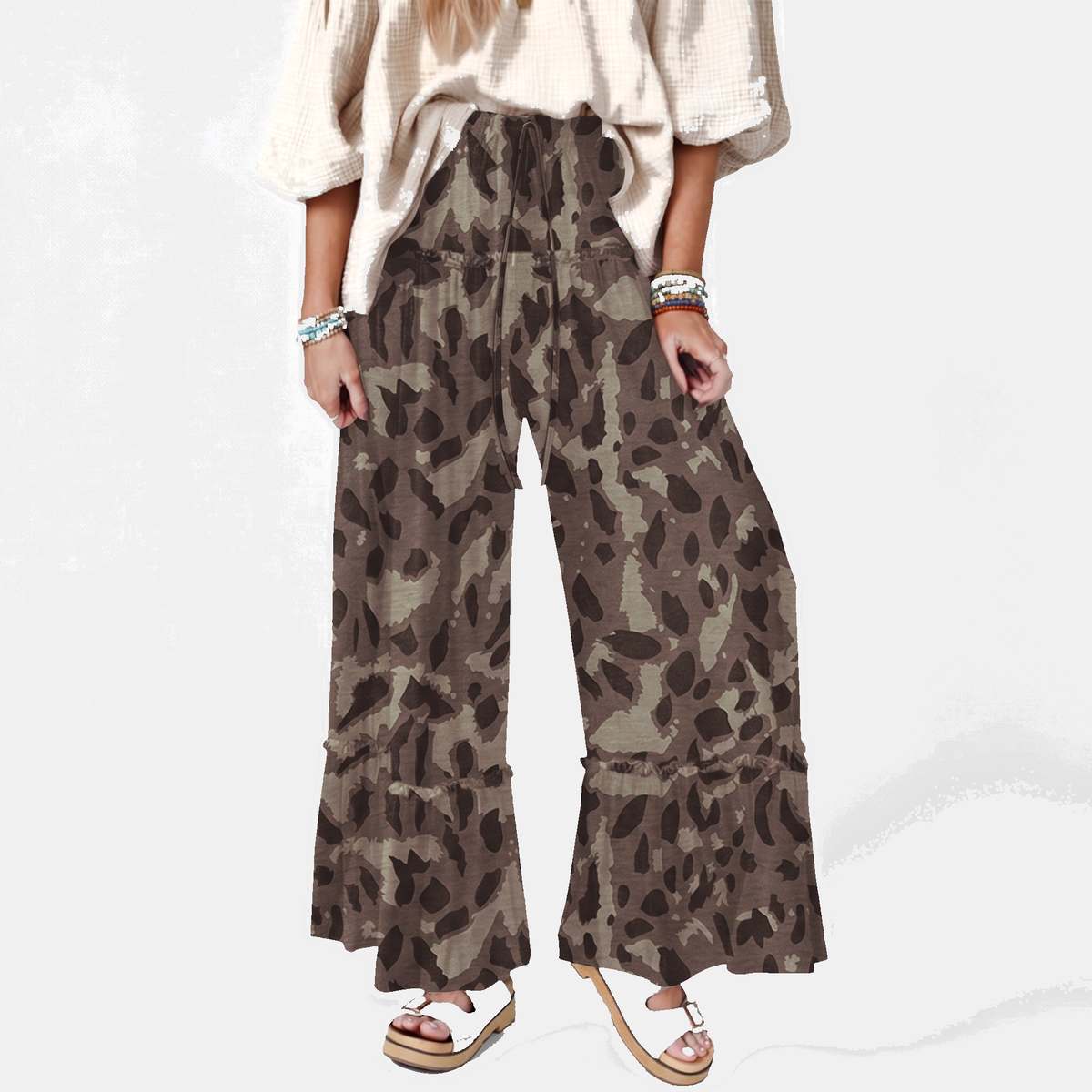 Women's Ruffle Hem Wide Leg Camo Pants