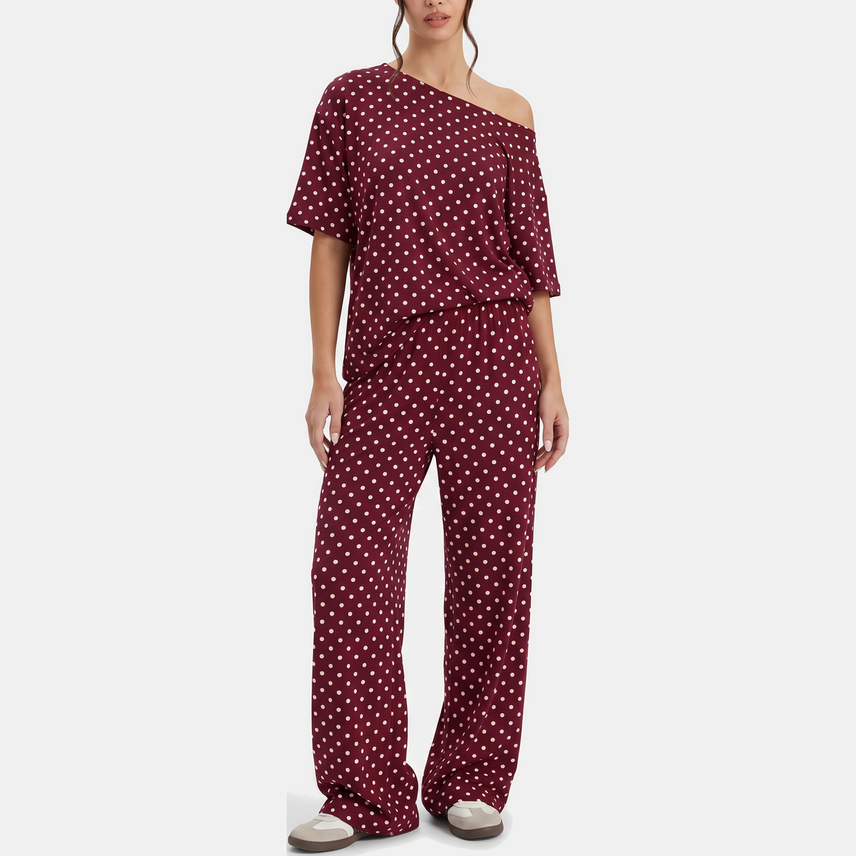 Women's One Shoulder Lounge Set Wide Leg Drawstring Trousers