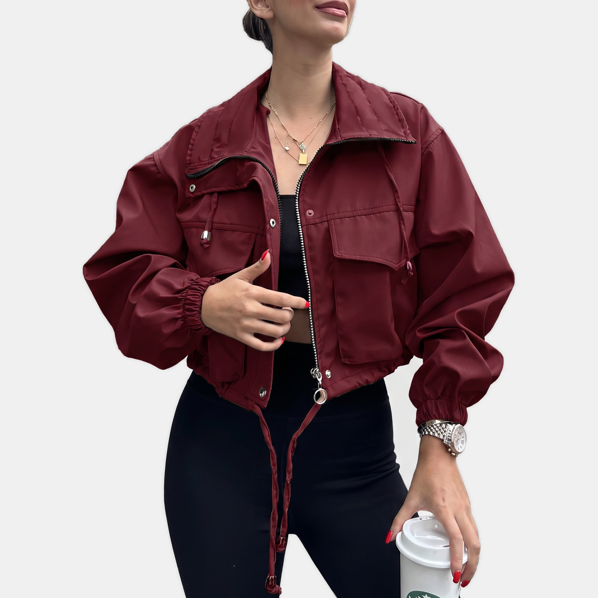 Women's Cropped Zip Up Windbreaker Cargo Jacket