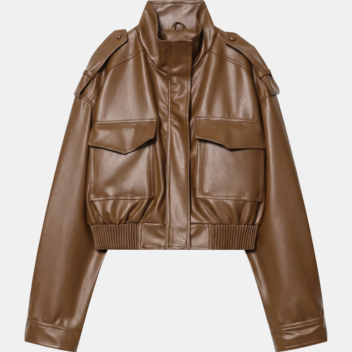 Women's Faux Leather Cropped Bomber Jacket with Cargo Pockets