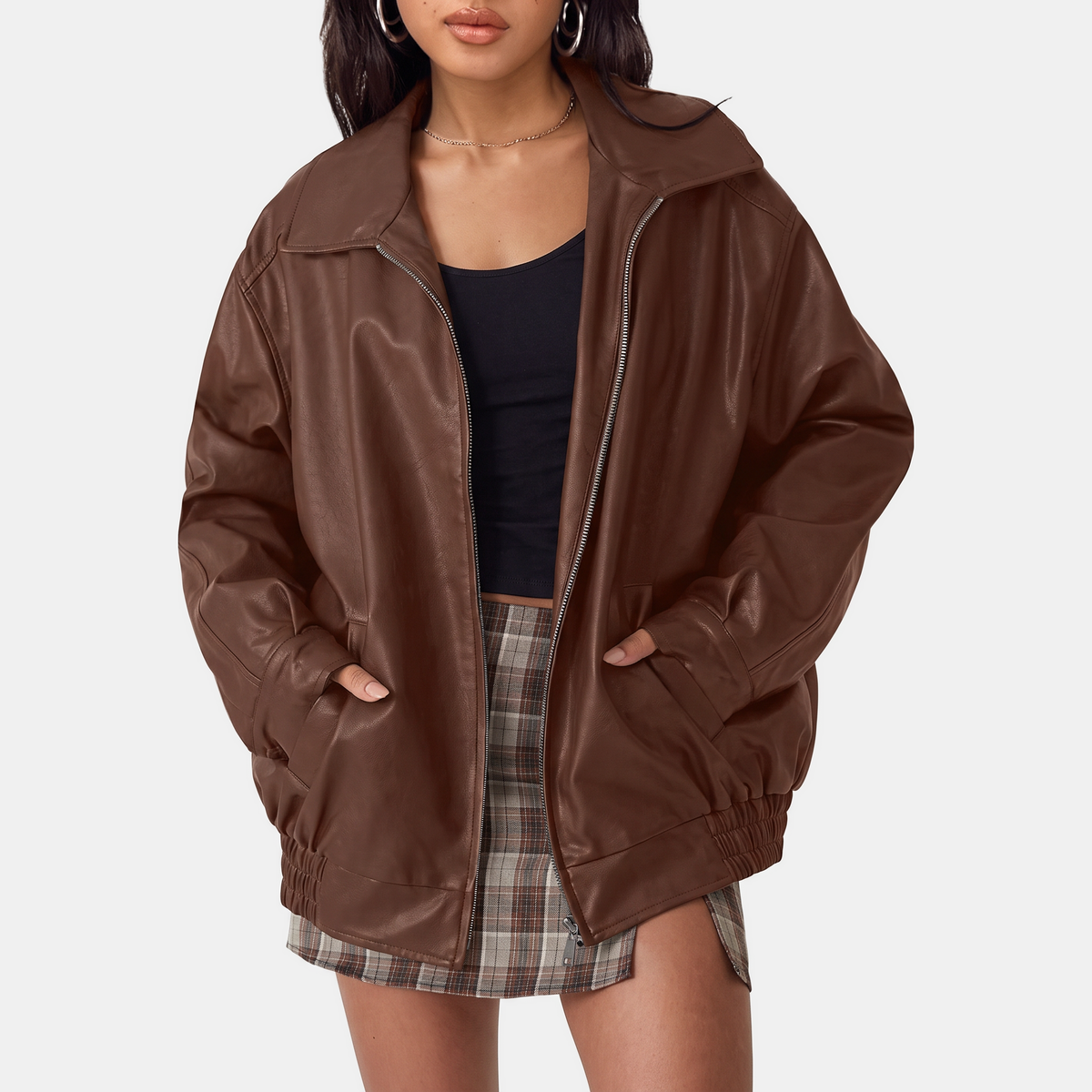 Women's Oversized Faux Leather Bomber Jacket with Zip Front
