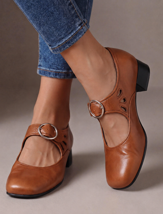 Josephine Leather Mary Janes - Khaki