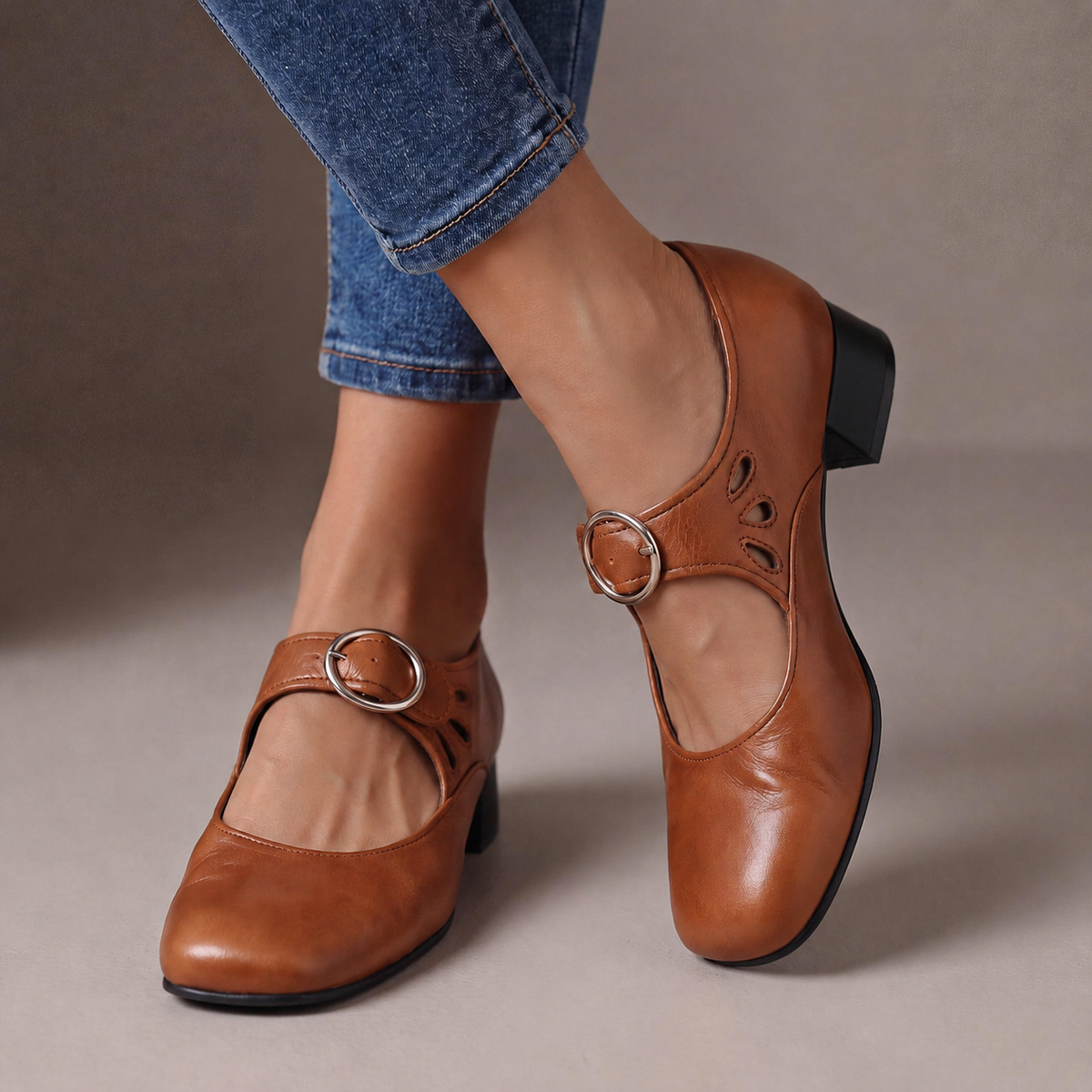 Josephine Leather Mary Janes - Khaki