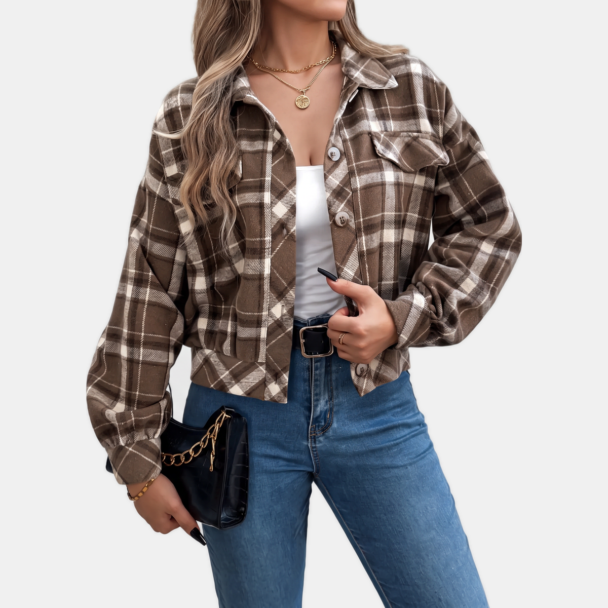 Women's Button Front Cropped Plaid Flannel Shacket
