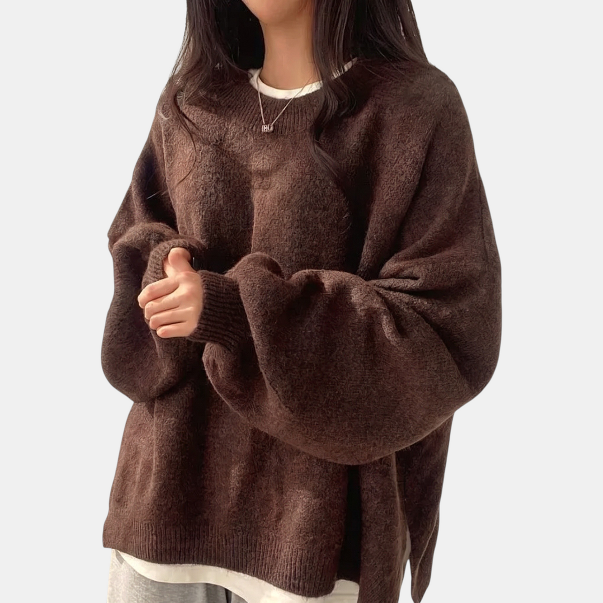 Women's Oversized Side Slit Ribbed Crew Neck Knit Sweater