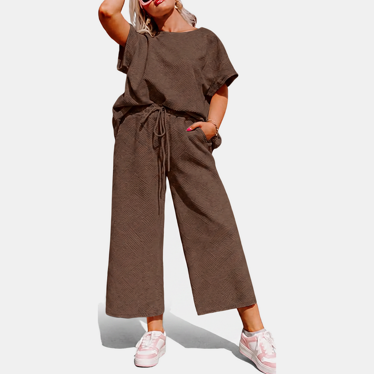 Women's Textured Drawstring Wide Leg Lounge Set