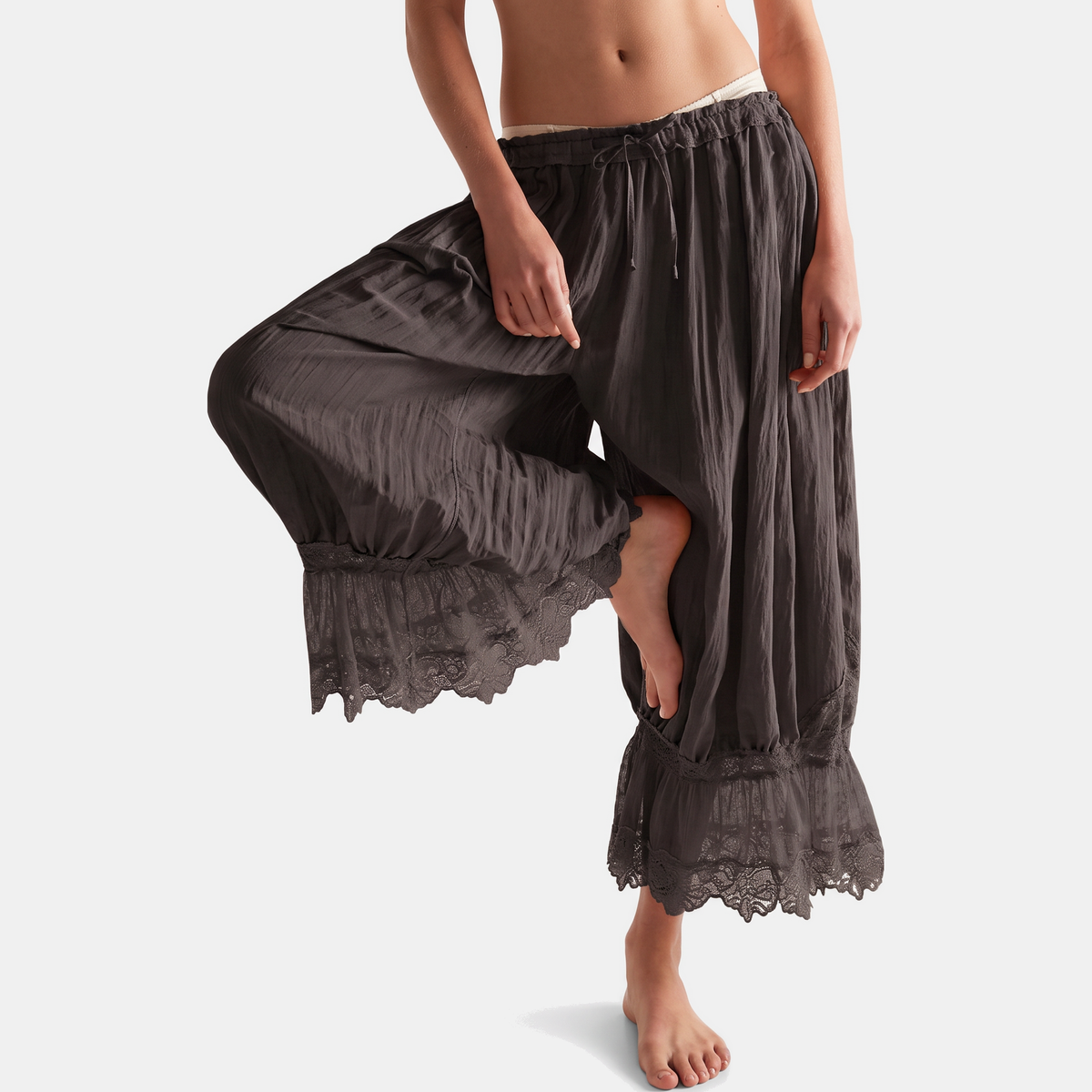 Women's Wide Leg Lace Trim Ruffle Hem Palazzo Pants