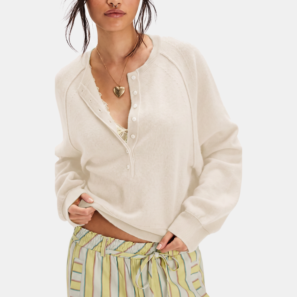 Women's Cropped Henley Button Placket Knit Sweater